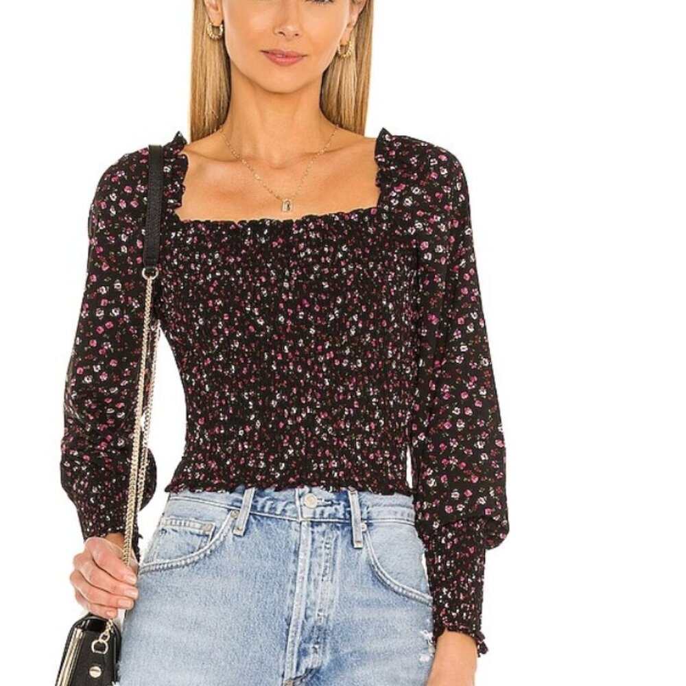 STATE Ditsy Refresh Blouse – Size L – NWT – Rich Black Multi – Revolve